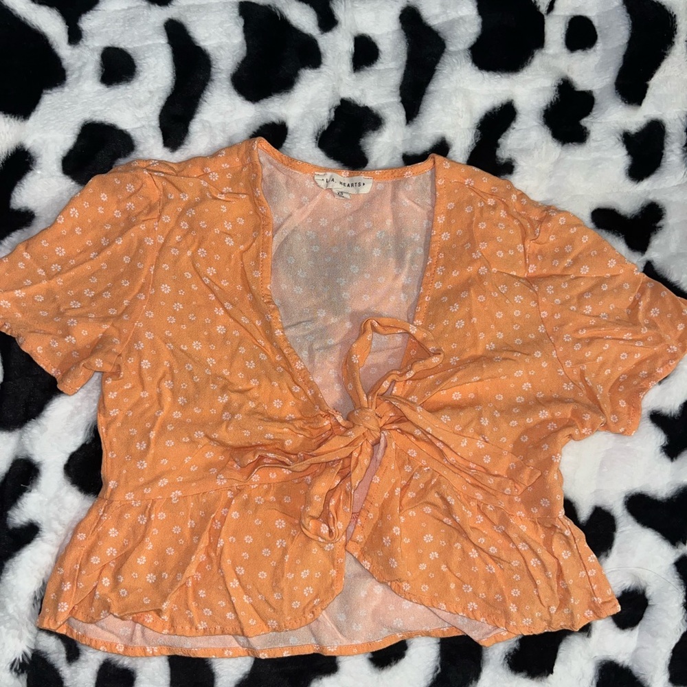 La Hearts Orange Tie Front Crop Blouse